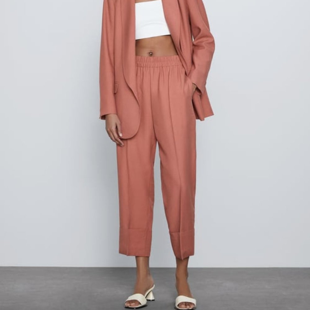 ZARA Mauve-pink cuffed pants, elastic waist, size L